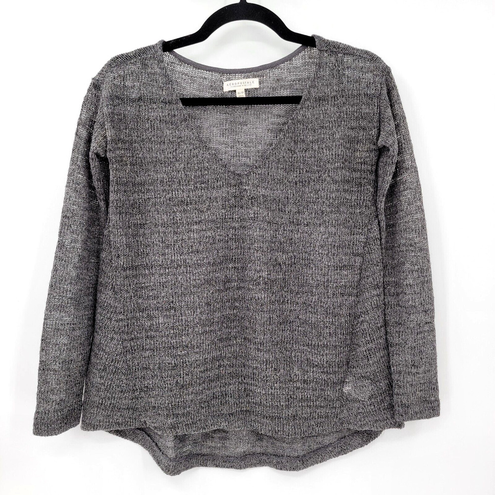 Aeropostale Women's Sweater XS Gray Open Knit Loose V-neck Pullover Casual